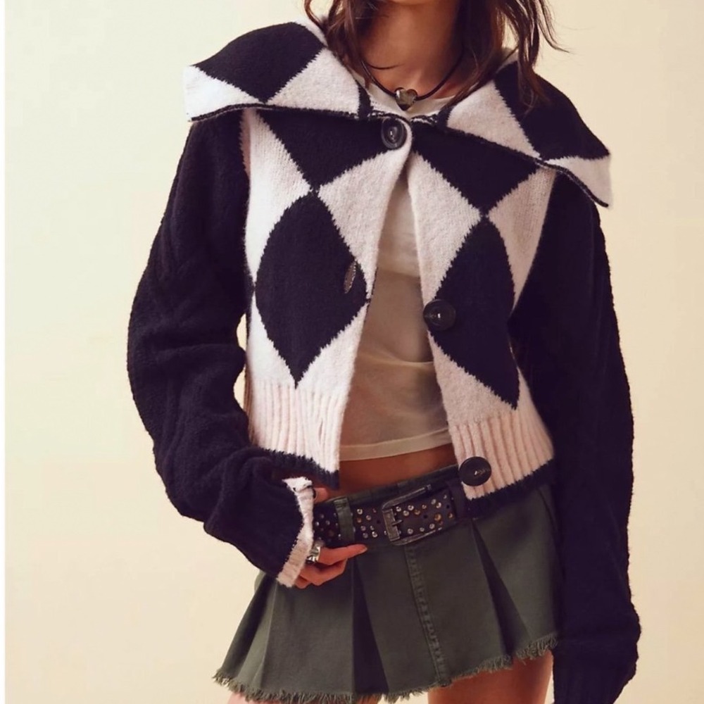 Free People Joy Diamond Polo Cropped Cardigan Black Cream Cable Knit XS